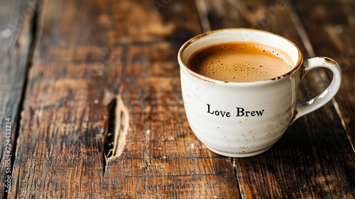 Placed on a wooden table is a white coffee cup featured with phrases of love brew, copy space, Generative AI.