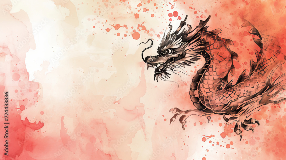 Chinese New Year 2024 Year of the Dragon on watercolor background sketch hand drawing for greetinf card with free copy space Chinese New Year 2024 Year of the Dragon on watercolor background sketch hand drawing for greetinf card with free copy space
