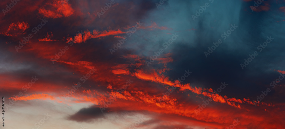 Dusk cloudscape panorama, colorful evening lcouds.