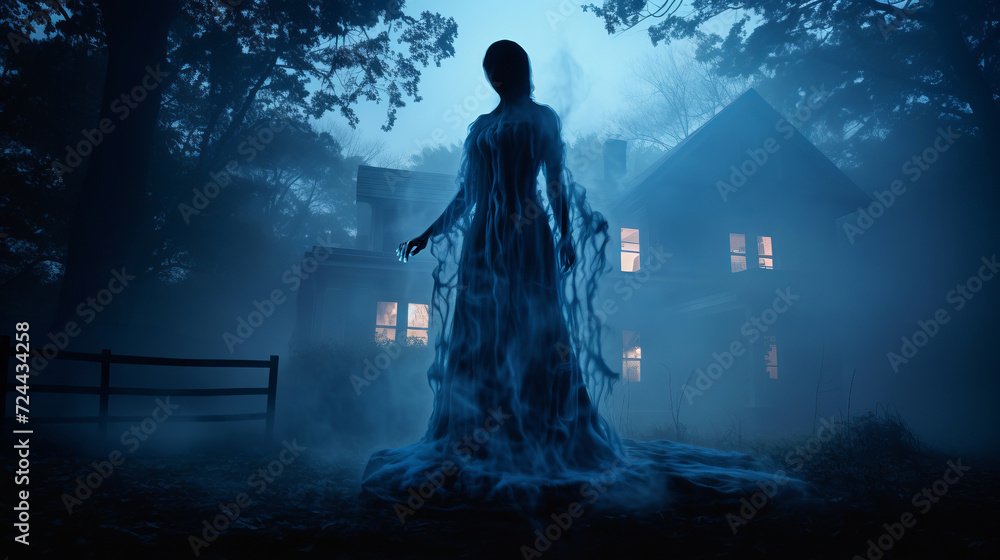 Mysterious female ghost silhouette veiled in translucent fabric emerges from fog in backyard creating an otherworldly ambiance and aura of ghostly mystique, scary ghost of dead relative at night - obrazy, fototapety, plakaty 