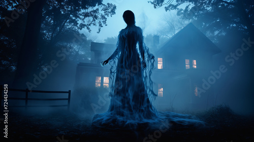 Mysterious female ghost silhouette veiled in translucent fabric emerges from fog in backyard creating an otherworldly ambiance and aura of ghostly mystique, scary ghost of dead relative at night photo