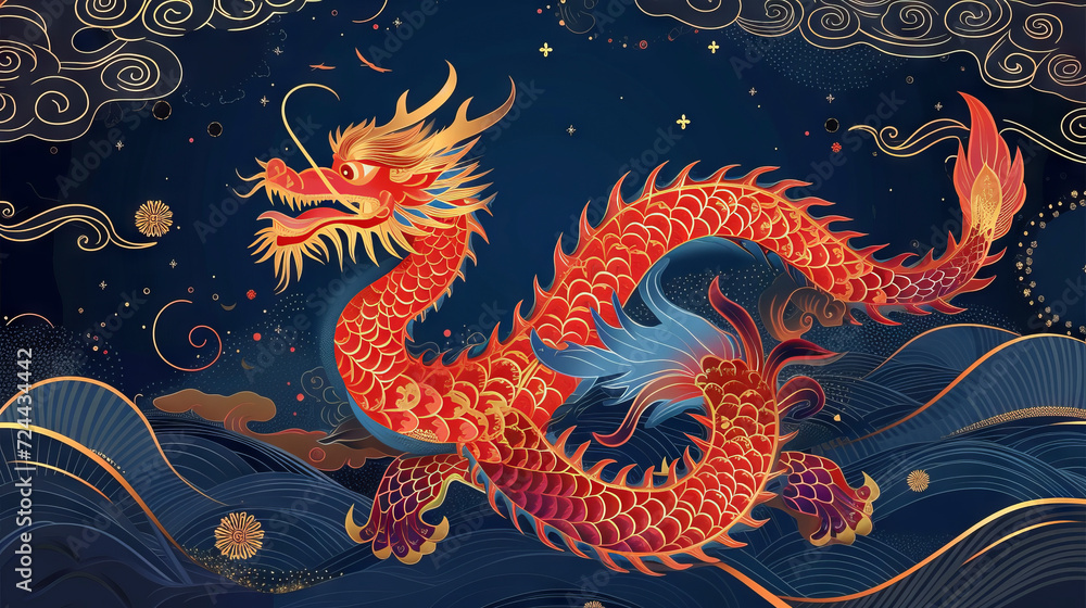 Chinese New Year 2024 Year of the Dragon on the night background Chinese New Year 2024 Year of the Dragon on the night background