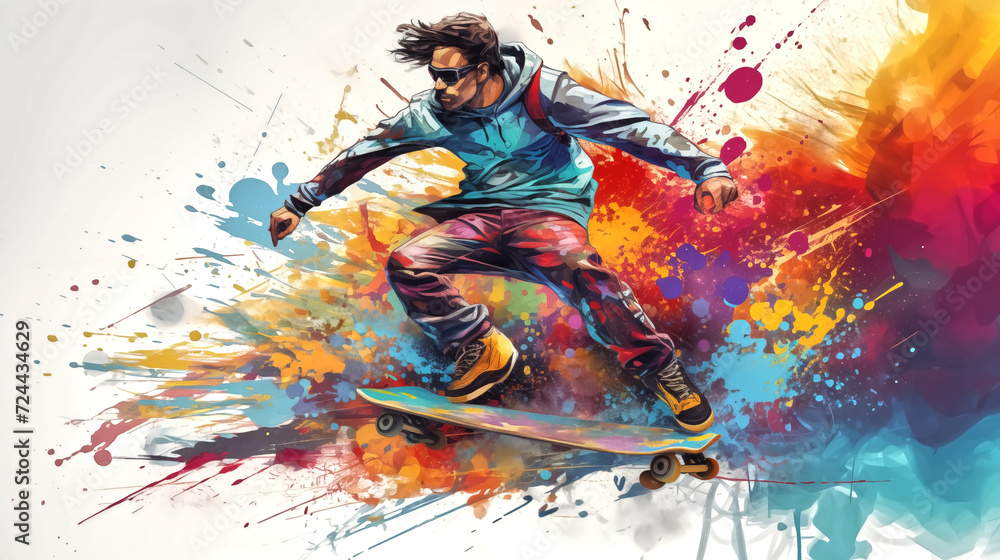 Fototapeta premium A skateboarder is riding a skateboard with colorful splashes pai