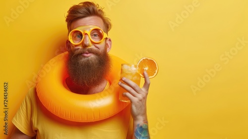 Bearded man with yellow sunglasses holding an orange beverage while in a pool float.