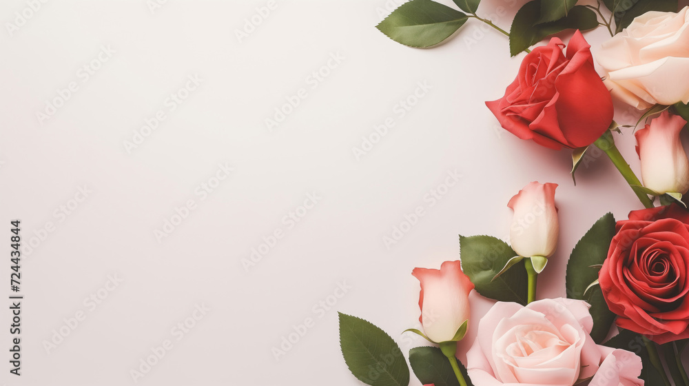 Border of pink and red roses on pastel beige background with copy space for text, vintage flowers invitation greeting card mockup, template for wedding and romantic anniversary celebration concepts. Border of pink and red roses on pastel beige background with copy space for text, vintage flowers invitation greeting card mockup, template for wedding and romantic anniversary celebration concepts.