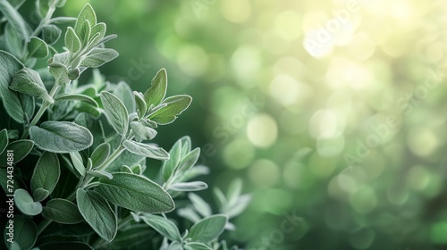 Sage leaves in nature  with blurry green backdrop with a big empty space like a frame, herbal medicine leaves, Generative AI.