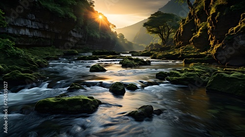 Panorama of a mountain river flowing through a rocky gorge at sunset.