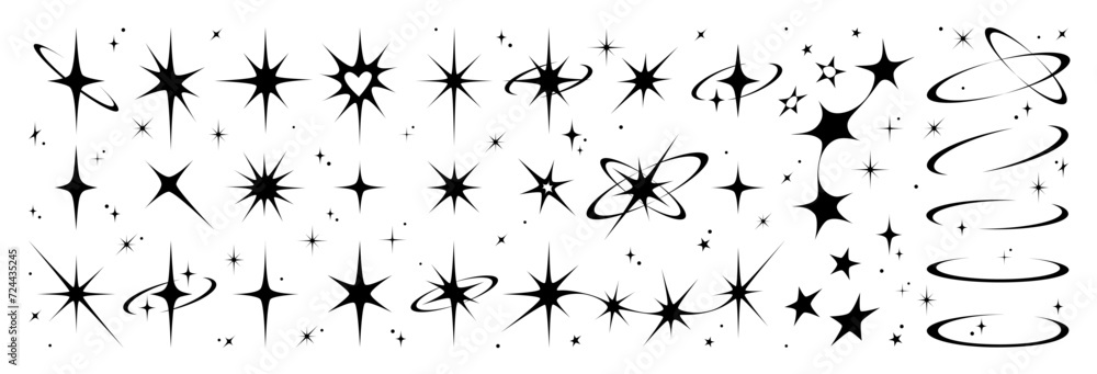 Y2k star sparkle bling abstract tattoo shapes. Simple minimal geometric signs in retro 2000s style.