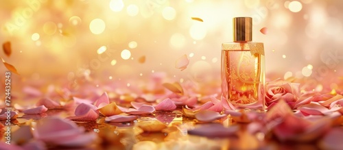 Transparent Perfume bottle with pink rose gold petals on blur bokeh background. Generated AI image photo