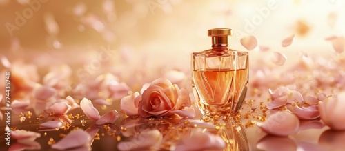 Transparent Perfume bottle with pink rose gold petals on blur bokeh background. Generated AI image