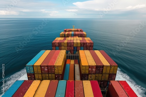A loaded container cargo ship is seen ahead above the ocean