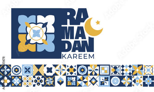 Islamic festival poster background design in flat geometric style, arabic calligraphy, crescent moon and lantern. Suitable for Ramadan Kareem , Hari Raya, Eid Mubarak, Eid al Adha.