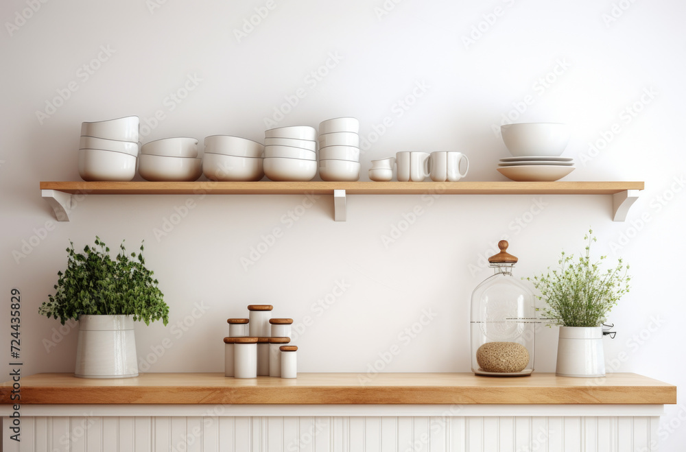 Scandinavian minimalist design in interior of apartment, flat for rent or sale and home blog. Modern plates and cups, kitchen utensils, potted plants on wooden shelves, on light wall, empty space