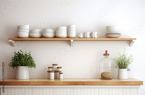 Scandinavian minimalist design in interior of apartment, flat for rent or sale and home blog. Modern plates and cups, kitchen utensils, potted plants on wooden shelves, on light wall, empty space