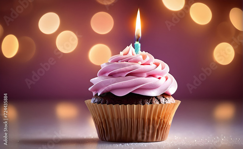 Cupcake crowned with a single flickering candle  minimalist backdrop  pastel palette  sharp focus on the flame and wax details  soft bokeh effect background. Generative AI