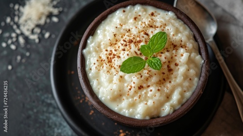 Rice pudding in bowl on dark background