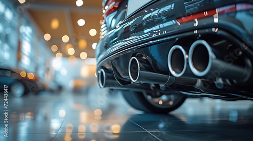 Sporting car's dual exhaust tip muffler pipe in up-close, with the dealership in the backdrop, space, Generative AI. photo