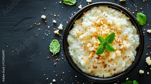 Rice pudding in bowl on dark background