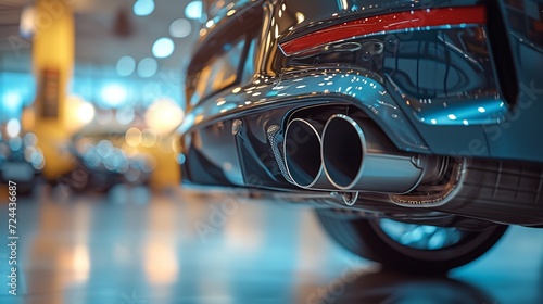 Sporting car's dual exhaust tip muffler pipe in up-close, with the dealership in the backdrop, space, Generative AI. photo