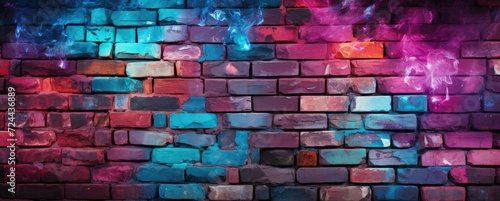 Urban artistry meets rustic charm in this abstract neon pink and blue painted colored damaged brick wall  Ai Generated.