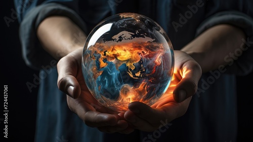 The Earth globe melting away in human hands, a poignant symbol of environmental crisis, Ai Generated