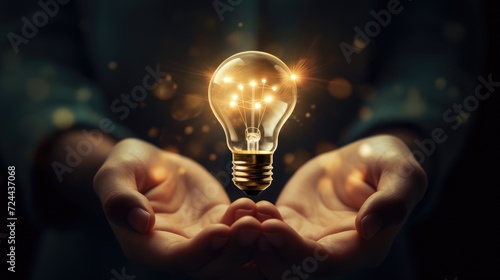 A new bright idea concept depicted by a shining lightbulb cradled in human palms, Ai Generated