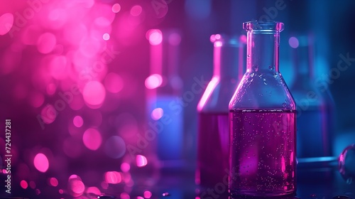 The laboratory table has liquid experimental reagent bottles in colors of dark pink and blue, space, Generative AI.