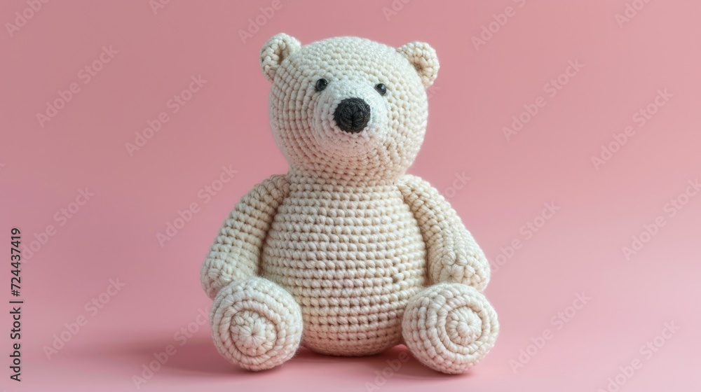 Obraz premium Crocheted polarbear toy vibrant backdrop, handcrafted and adorable, Ai Generated