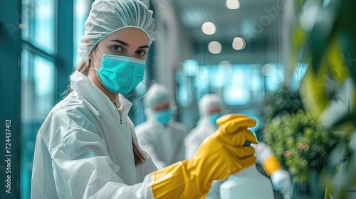 A woman in protective gear holding a spray bottle, ready to clean in a bright facility.