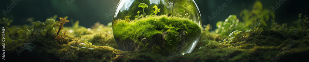 Glass globe on green moss in nature concept for environment and conservation Glass globe on green moss in nature concept for environment and conservation