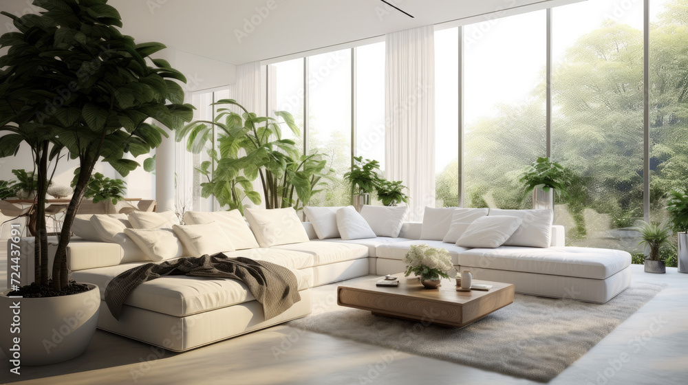 Spacious Elegance: White Living Area with Large Windows and Green Accents Spacious Elegance: White Living Area with Large Windows and Green Accents