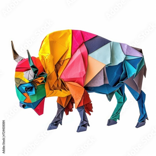 Colorful Origami bison, Unique Paper Polygon Artwork, Ideal Pet Concept, Ai Generated