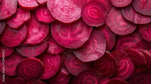 Top shot of beetroot slices' textures in a beetroot slice heap backdrop, big space, Generative AI.