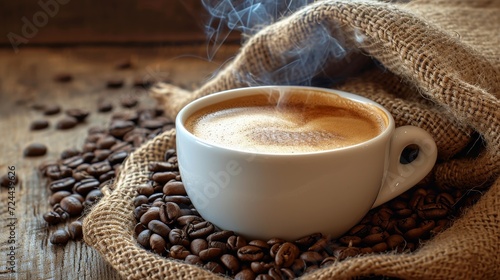 Cup of coffee with smoke and coffee beans in burlap sack on coffee