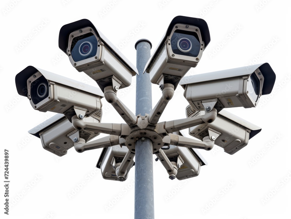 An imposing scene of security cameras mounted on a pole, providing total surveillance in all directions, epitomizing advanced security and monitoring technology