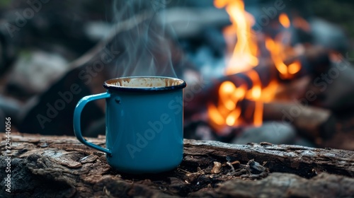 A blue cup of steaming hot coffee lies on an old log near an outdoor campfire