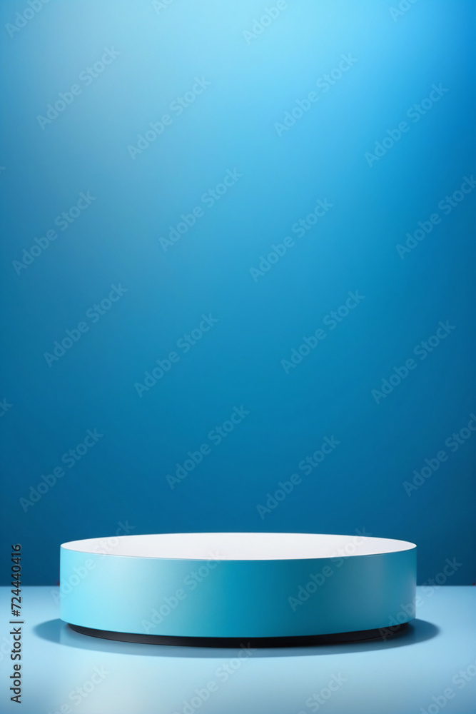 Empty round cylinder platform podium for product or cosmetics presentation on blue background with bokeh - Product showing Empty round cylinder platform podium for product or cosmetics presentation on blue background with bokeh - Product showing
