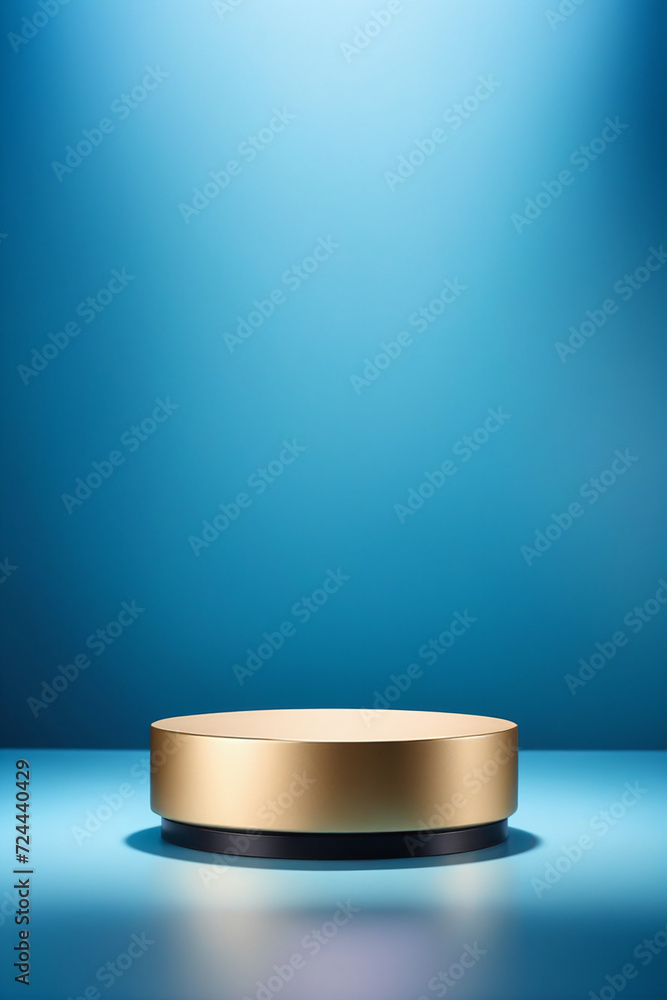 Empty round cylinder platform podium for product or cosmetics presentation on blue background with bokeh - Product showing Empty round cylinder platform podium for product or cosmetics presentation on blue background with bokeh - Product showing