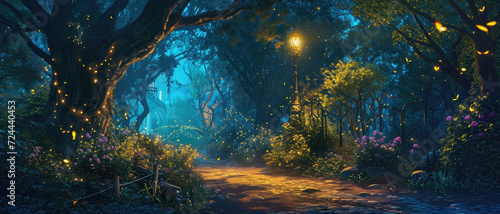 Enchanted forest pathway with glowing fireflies and streetlight. Fantasy and magic.