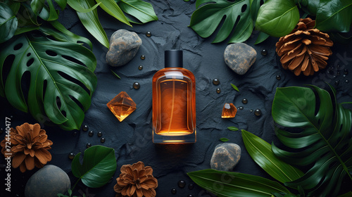 Blank modern design Glass packaging perfume luxury bottle with tropical leaves and rock on the black background with copy space, template mockup for cosmetic packaging, product advertising concept.