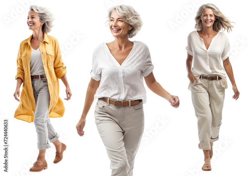 Set of stylish, happy, mature women walking, cut out photo