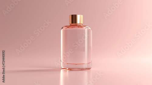 rectangular perfume bottle mockup, pink liquid and pink flower. Isolated on pink background.