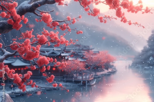 Ethereal Winter Bloom: A Serene Temple Amidst Snow-Dusted Cherry Blossoms, Reflecting a Blend of Cultural Beauty and Natural Harmony, Generative AI