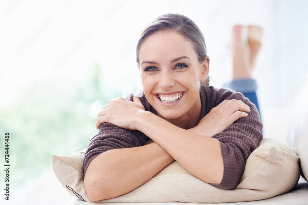 Relax, sofa and portrait of woman in home for resting on weekend, free time and break in living room. Apartment, house and person lying, comfortable and chill on couch for peace, calm and wellness Relax, sofa and portrait of woman in home for resting on weekend, free time and break in living room. Apartment, house and person lying, comfortable and chill on couch for peace, calm and wellness