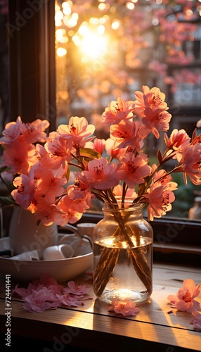 Beautiful pink rhododendron flowers in vase on windowsill