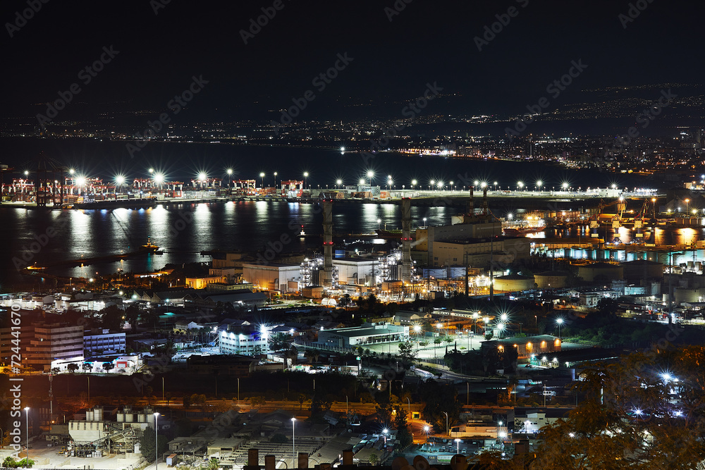 Dazzling night view of Haifa's port and gorgeous Mediterranean sea in Israel