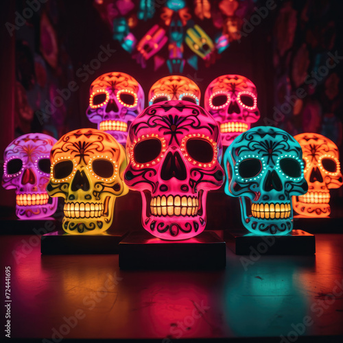 Neon Splendor: Top-Down View of Cinematic Sugar Skulls with Spacious Sides