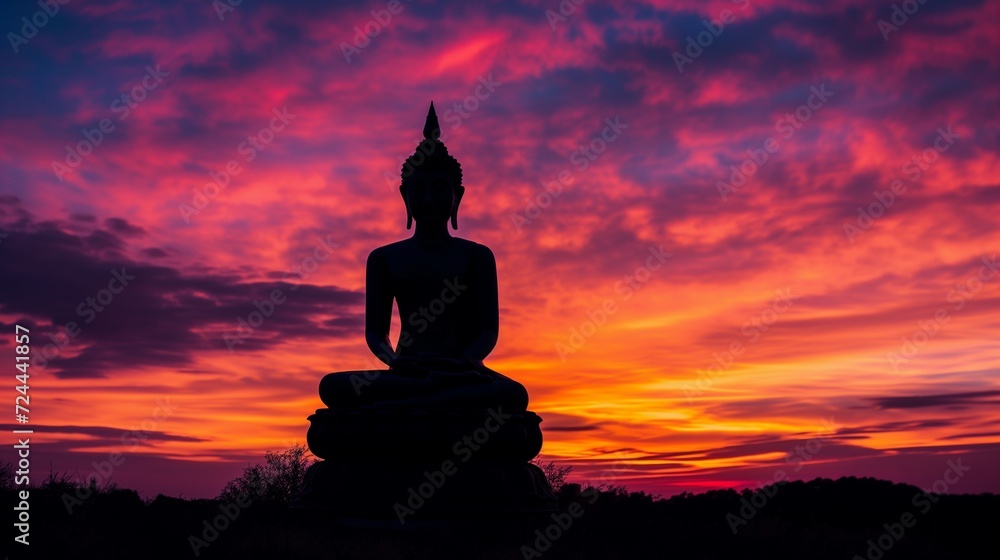 Silhouette of a Buddha statue against a vibrant sunset sky with dramatic clouds. Silhouette of a Buddha statue against a vibrant sunset sky with dramatic clouds.