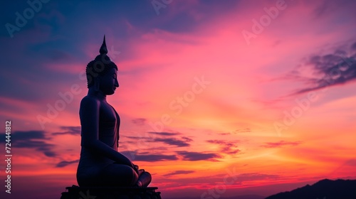 Silhouette of a Buddha statue against a vibrant sunset sky with dramatic clouds.
