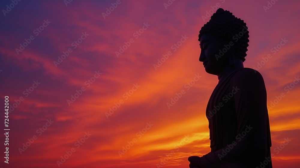 Silhouette of a Buddha statue against a vibrant sunset sky with dramatic clouds. Silhouette of a Buddha statue against a vibrant sunset sky with dramatic clouds.